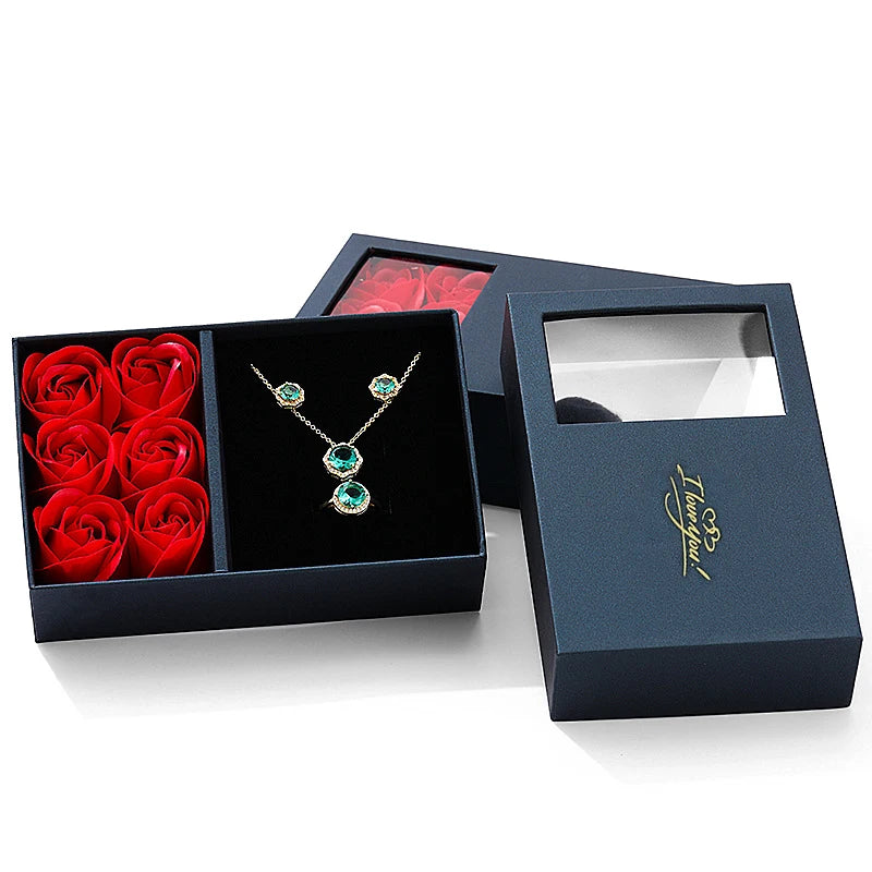 Rose Jewellery Box Couple Rings Necklace Set Gift Box Jewellery Party Accessories