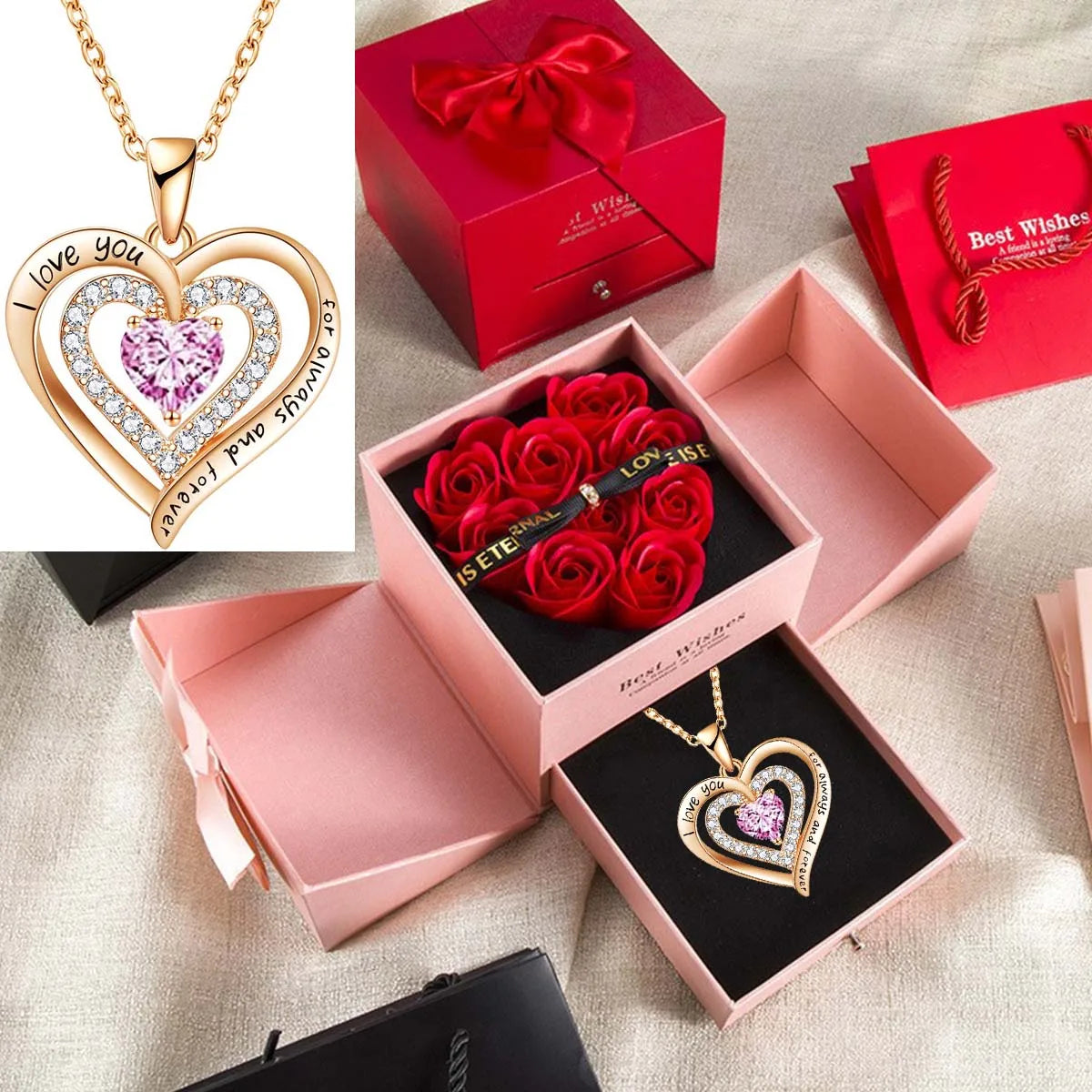 Luxury Red Zircon Pendant Necklaces with Rose Flower Gift Box for Girlfriend Women I Love You Gifts 2025 Trendy Wedding Jewelry