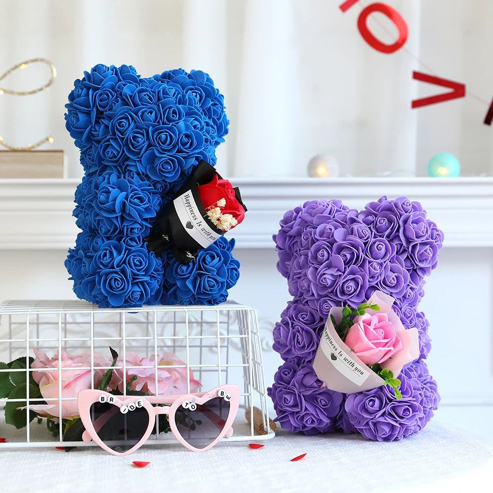 1/2Pc 25Cm Teddy Rose Bear with Bouquet Transpar Gift Box Valentines Day Gift Women Mom Wedding Anniver Bride Birthday Gift Deco