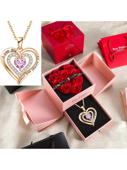 Luxury Red Zircon Pendant Necklaces with Rose Flower Gift Box for Girlfriend Women I Love You Gifts 2025 Trendy Wedding Jewelry