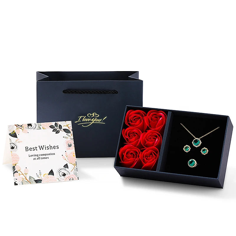 Rose Jewellery Box Couple Rings Necklace Set Gift Box Jewellery Party Accessories