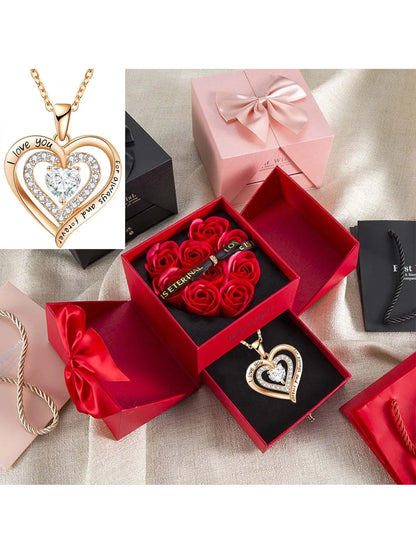 Luxury Red Zircon Pendant Necklaces with Rose Flower Gift Box for Girlfriend Women I Love You Gifts 2025 Trendy Wedding Jewelry