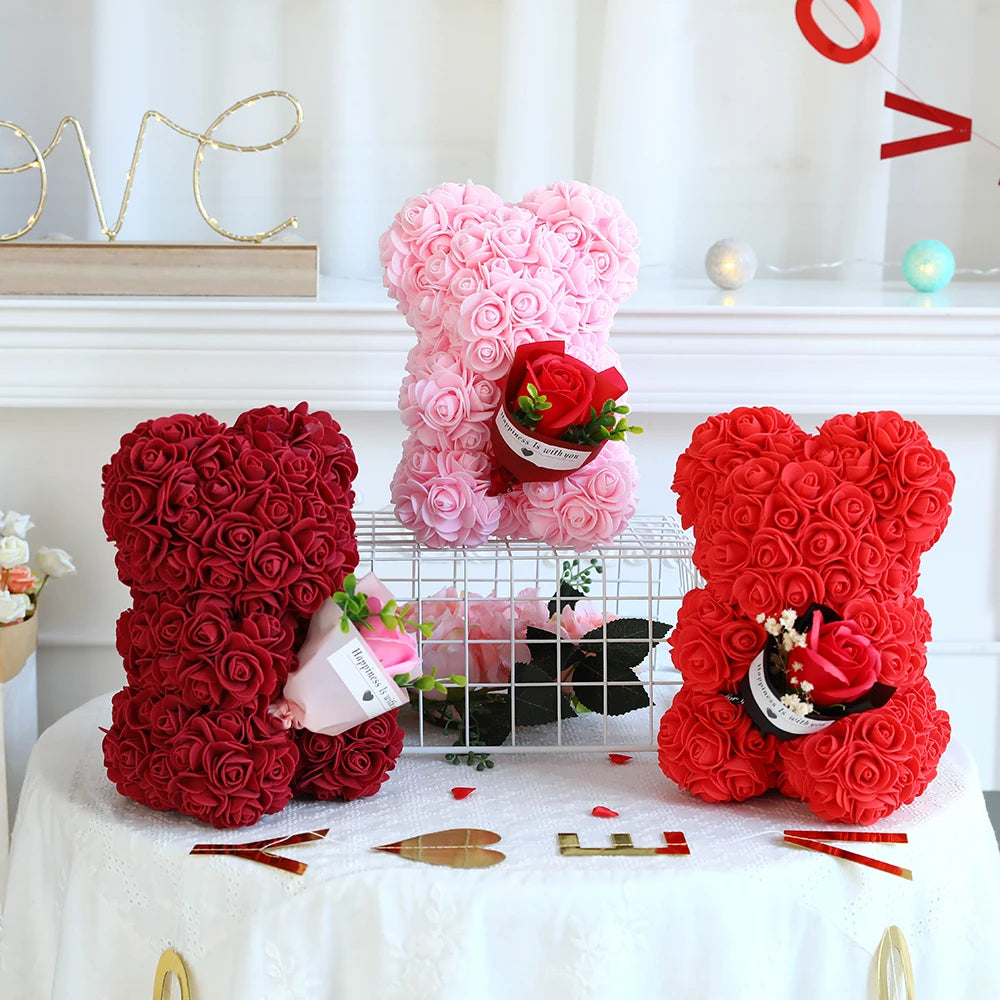 1/2Pc 25Cm Teddy Rose Bear with Bouquet Transpar Gift Box Valentines Day Gift Women Mom Wedding Anniver Bride Birthday Gift Deco